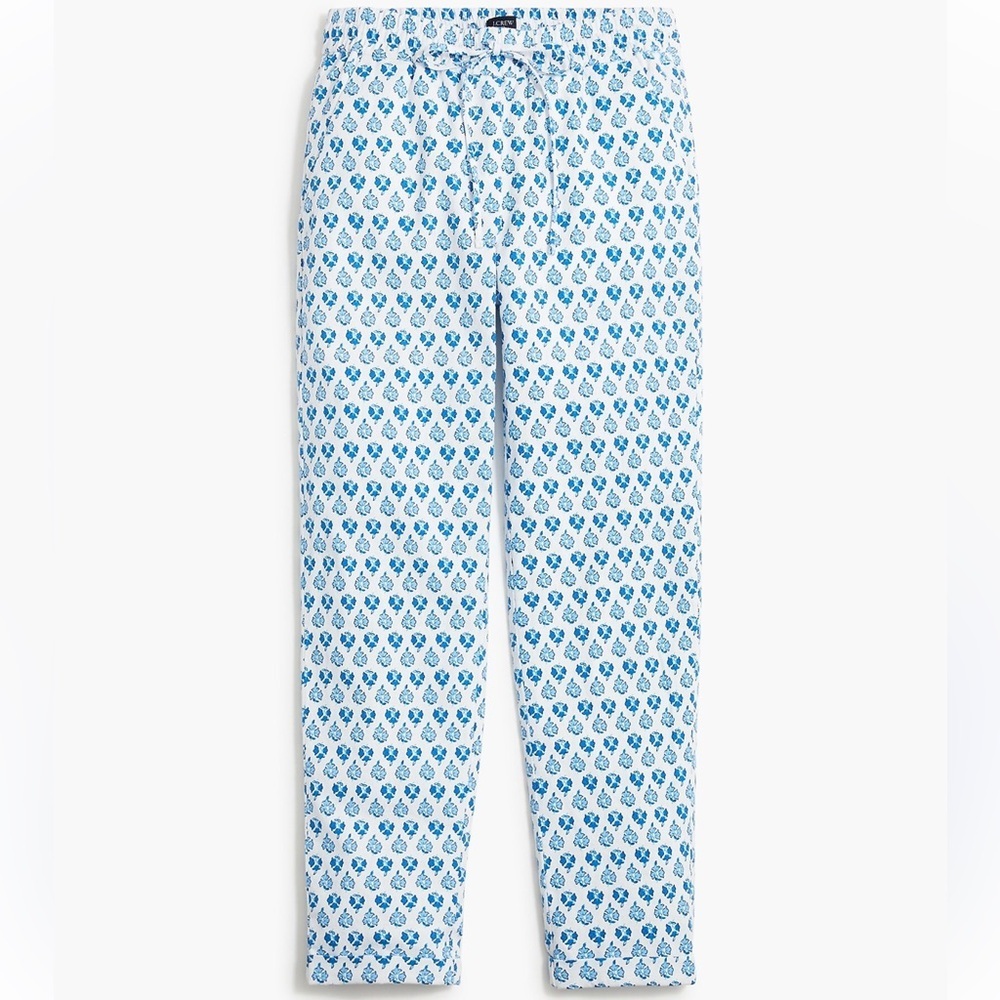 J CREW WOMENS LINEN COTTON BLUE WHITE PRINT DRAWSTRING PANTS 10